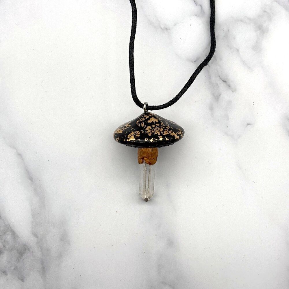Black Mushroom Necklace with Quartz Crystal | Gold Leaf Polymer Clay Pendant